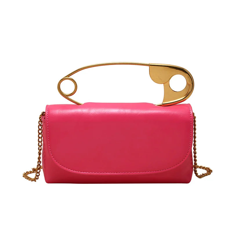Red retro metal pin design women’s crossbody bag with chain strap, PU leather purse, clutch style handbag for ladies.