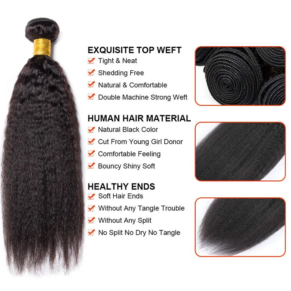 Kinky Straight Closure With Human Hair Bundles Yaki Straight Human Hair Bundles And Weaves With Frontal Closure Hair Extensions