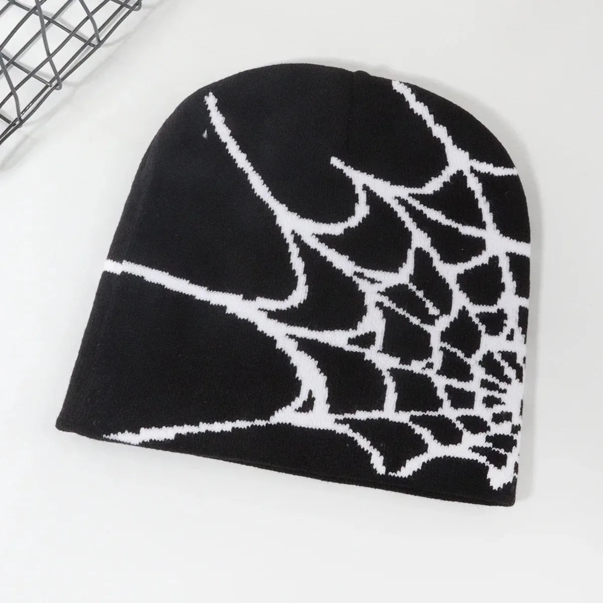 Autumn unisex spiderweb knitted beanie hat, Y2K punk skull cap for women and men in black streetwear style