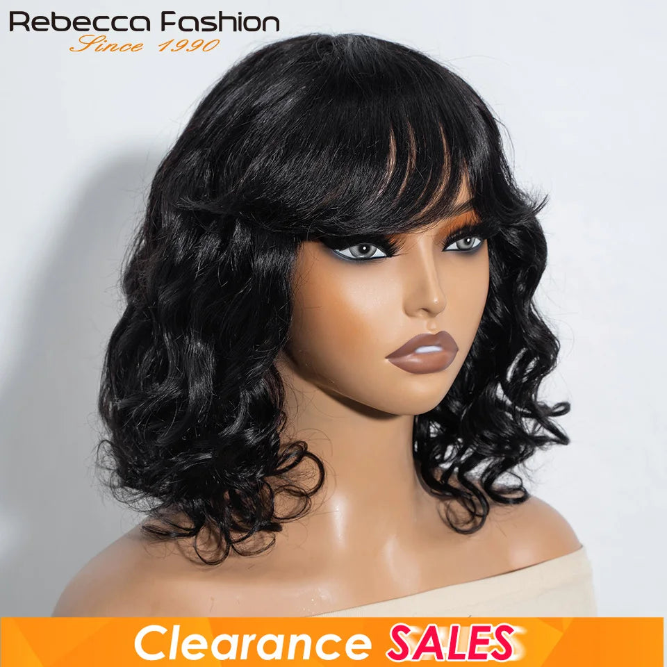 Natural black short body wave bob human hair wig with bangs, ombre color, loose wave style, Brazilian Remy hair, by HSF Marketplace