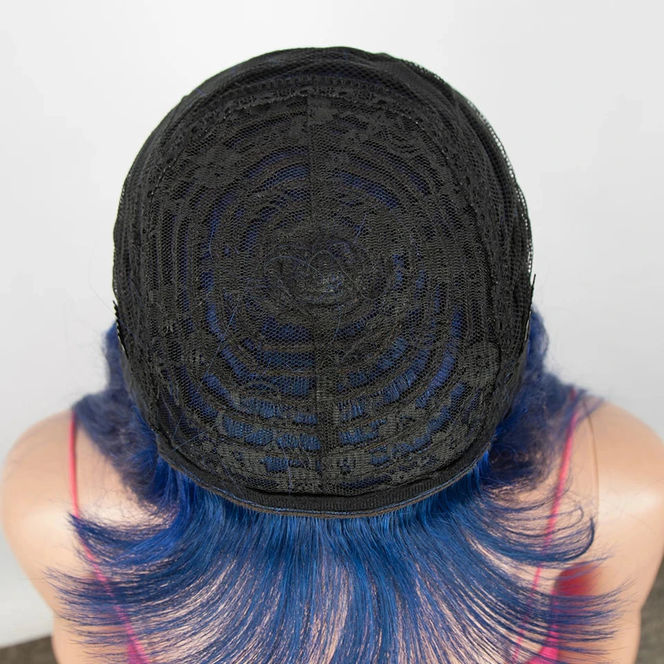 Royal blue Brazilian straight human hair wig with bangs, full machine-made, glueless, 100% Remy human hair for women.