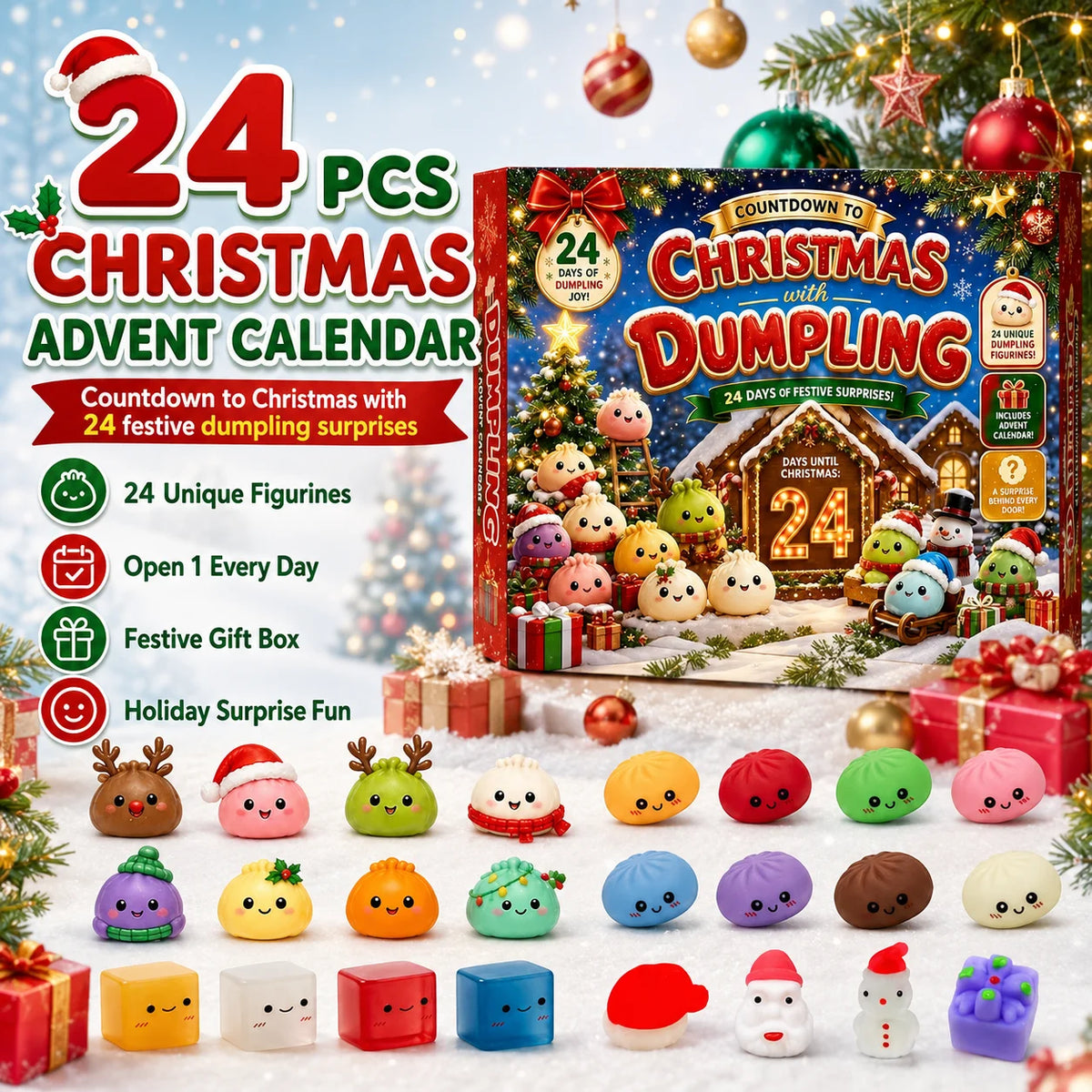 Christmas dumpling squishy advent calendar by HSF Marketplace with 24-day countdown mystery box and sensory fidget toys