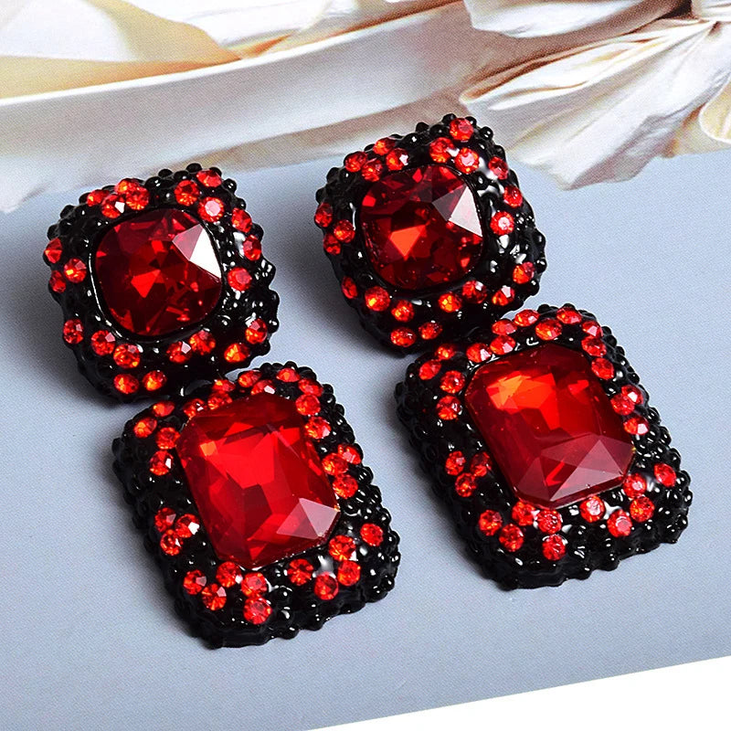 Vintage Costume Jewelry Party Accessories Gunblack Chunky Gray Black Crystal Rhinestone Square Statement Earrings for Women