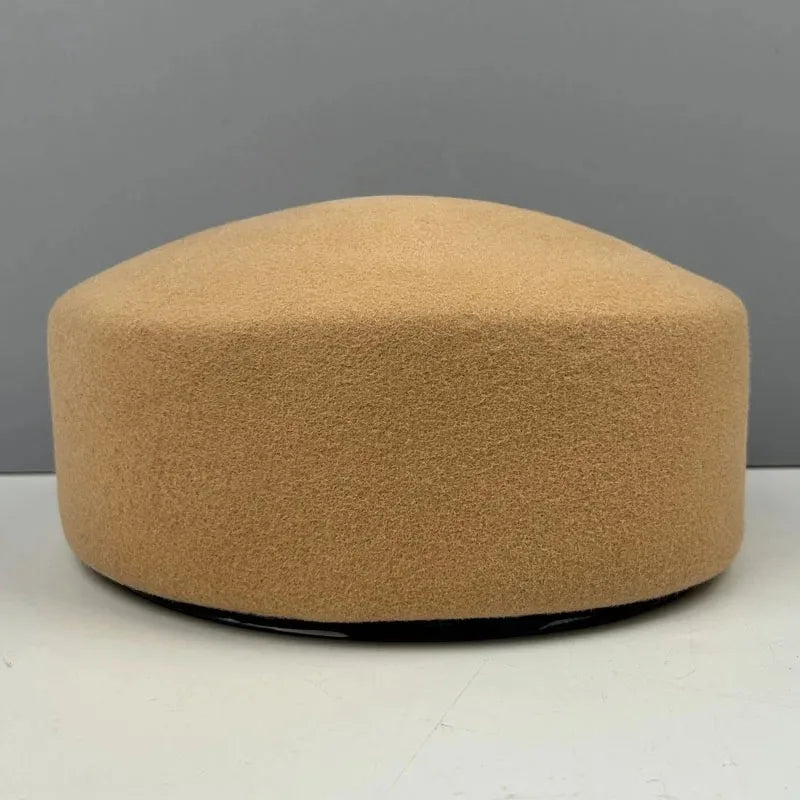 Women's wool felt beret hat with vintage hard concave top, pillbox fascinator style for weddings and cocktail parties
