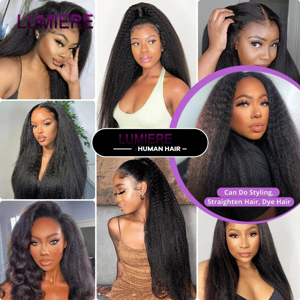 Kinky Yaki Straight Human Hair Bundles With Closure Frontal HD Transparent Brazilian Deep Curly Hair Bundles Deal Hair Extension