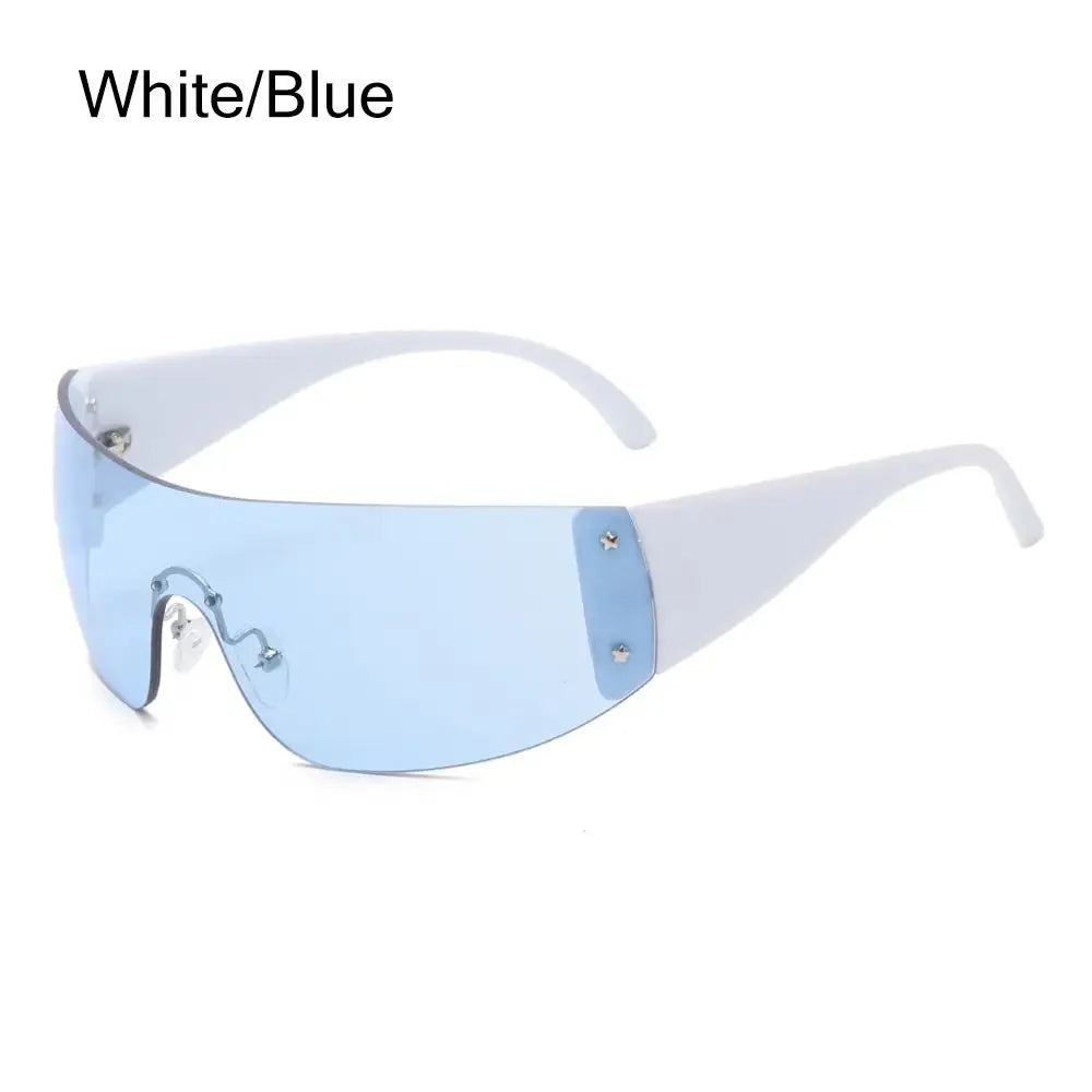 Y2K rimless punk sunglasses by HSF Marketplace, wrap-around sporty eyewear for women and men with a luxury brand design.