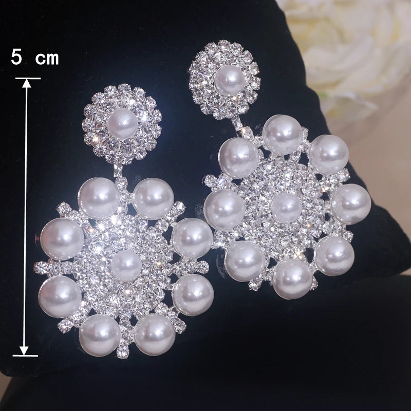 Korean oversized pearl drop earrings with rhinestone flower accents for women by HSF Marketplace