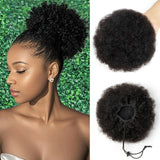 Short curly human hair afro puff drawstring ponytail hairpiece in a high bun updo, 4–8 inch length