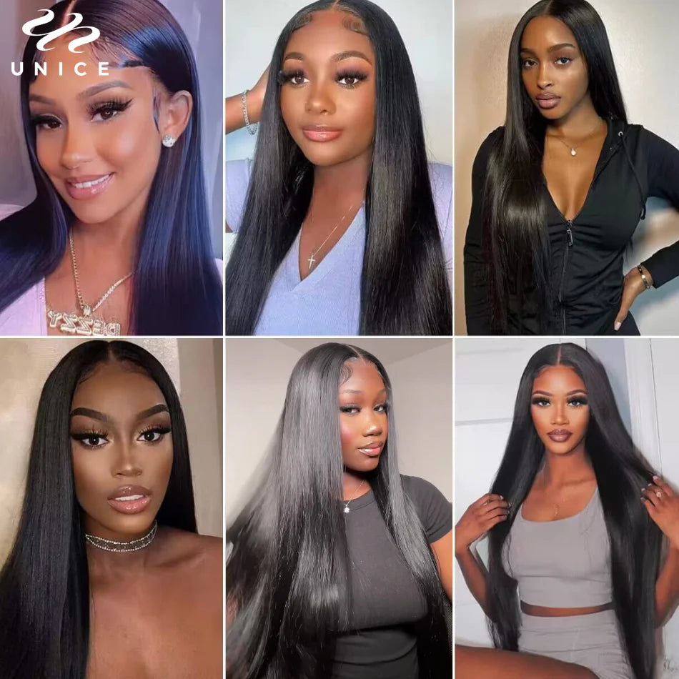 Unice Human Hair Bundles with 4x4 lace closure in natural color, 100% human hair, shown with multiple bundles and closure.
