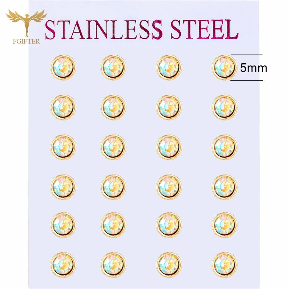 12 pairs white crystal stud earrings set, 2–7mm round and square zircon designs with golden stainless steel posts