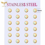 12 pairs white crystal stud earrings set, 2–7mm round and square zircon designs with golden stainless steel posts