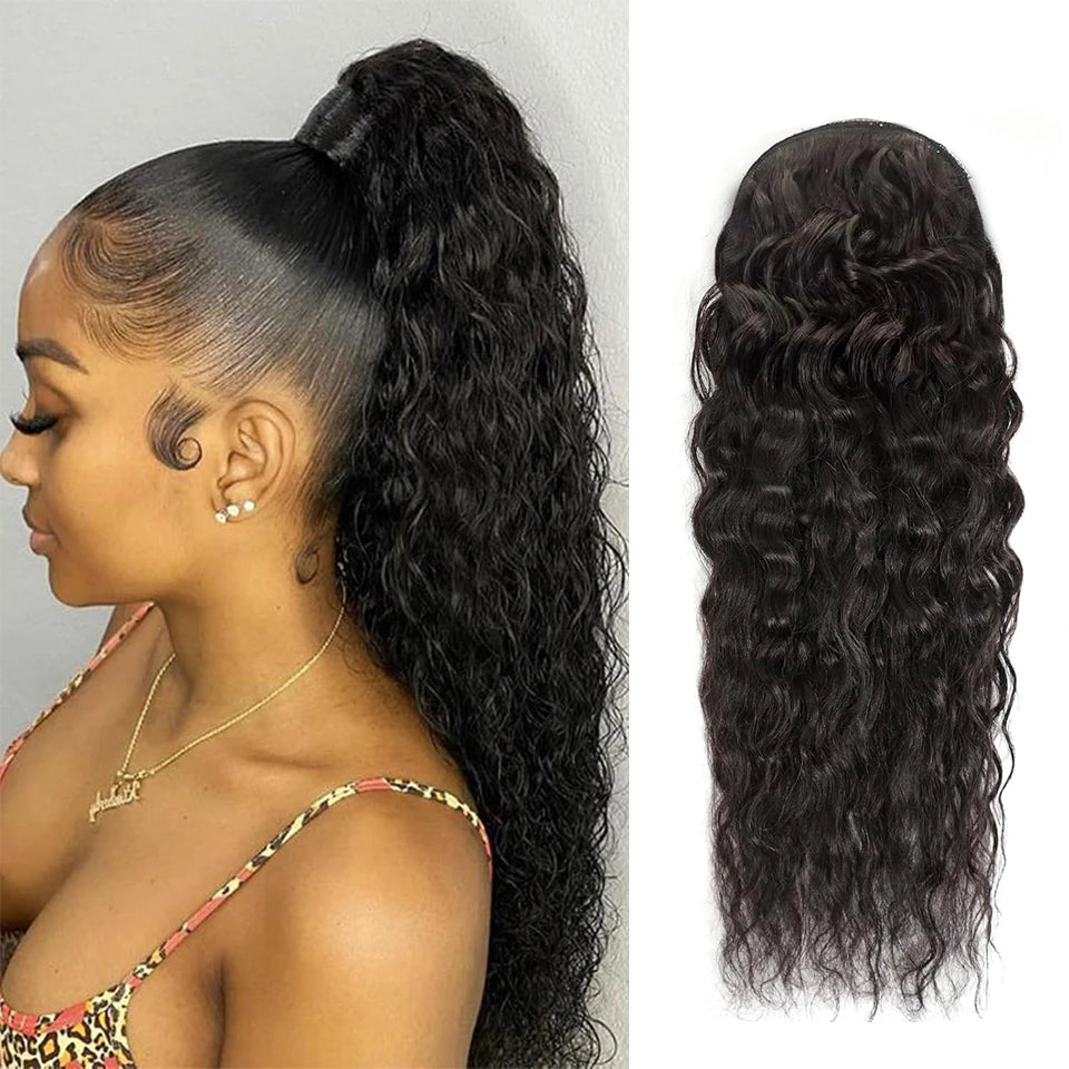 Brazilian water wave human hair drawstring ponytail extension with corn wave texture for women