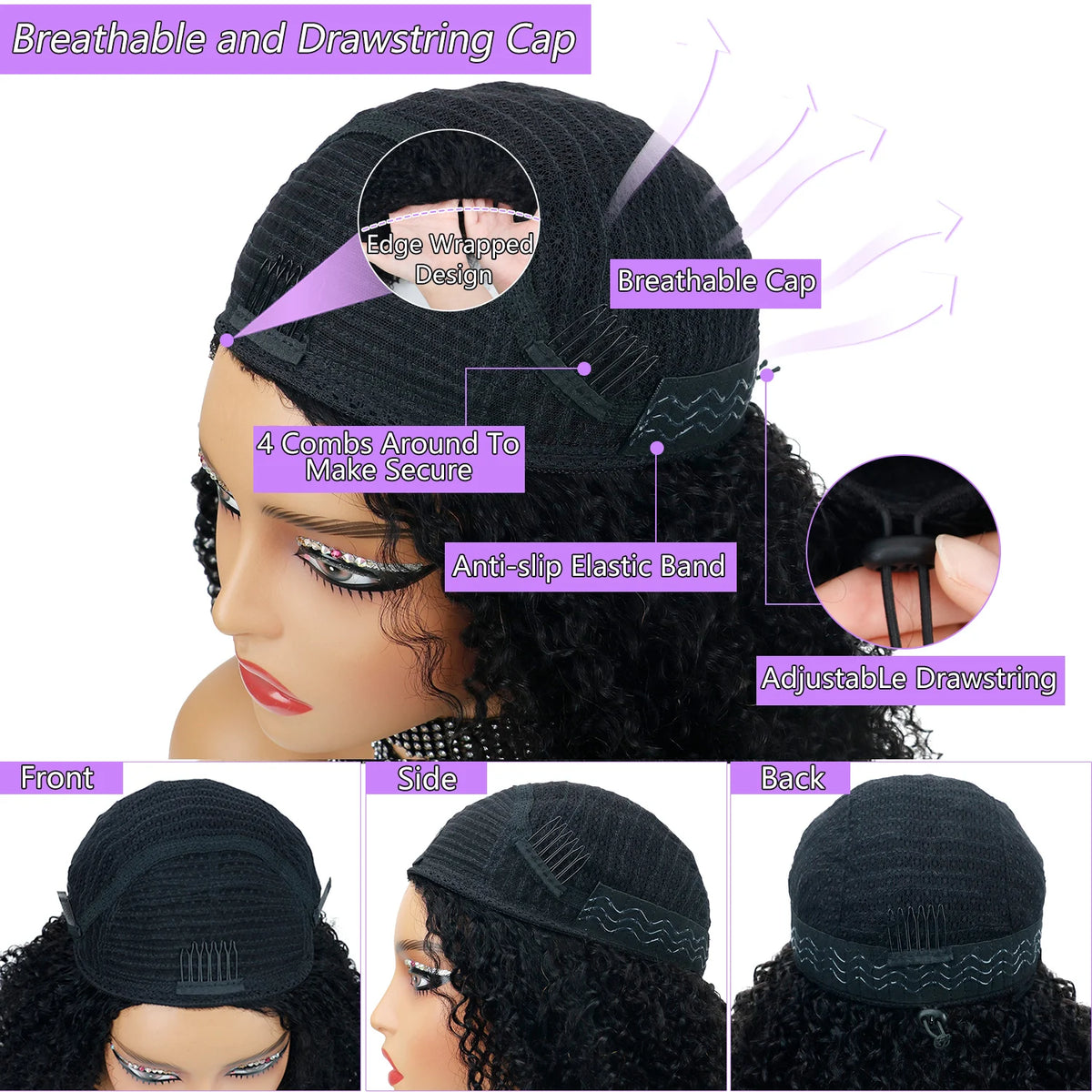 HSF Marketplace 12A 220% density curly half wig, natural black human hair with drawstring headband and clips