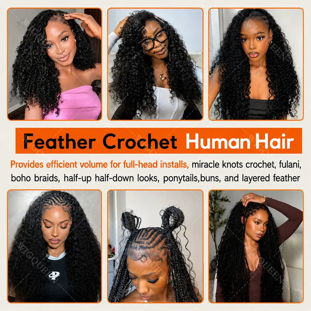 15A Small Spirals Curly Miracle Knots Feather Crochet Human Hair For Boho Braiding Invisible Knot PreSeparated Knotless Kinky Curly Crochet Human Hair Extensions Reusable Pre Looped Natural Black Crochet Bundles With String B
