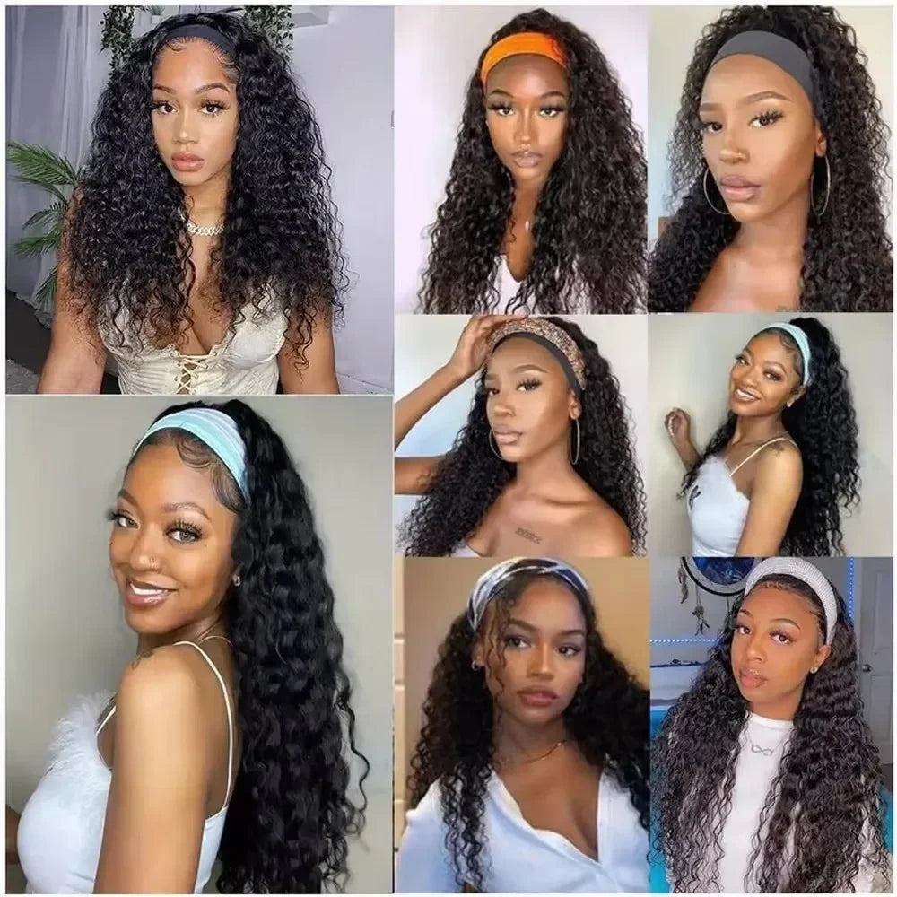 HSF Marketplace deep wave curly human hair half wig with headband, full machine-made construction