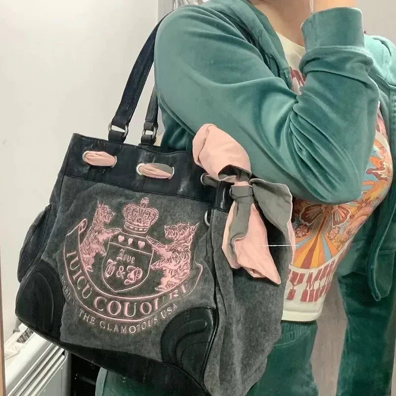 Large-capacity vintage velvet tote bag for women with embroidery, shoulder strap, and chic design, perfect for shopping and daily use.
