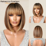 Straight bob human hair wig for women with ombre blonde and brown colors, lace part, Brazilian 3x1 style, real woman wig.