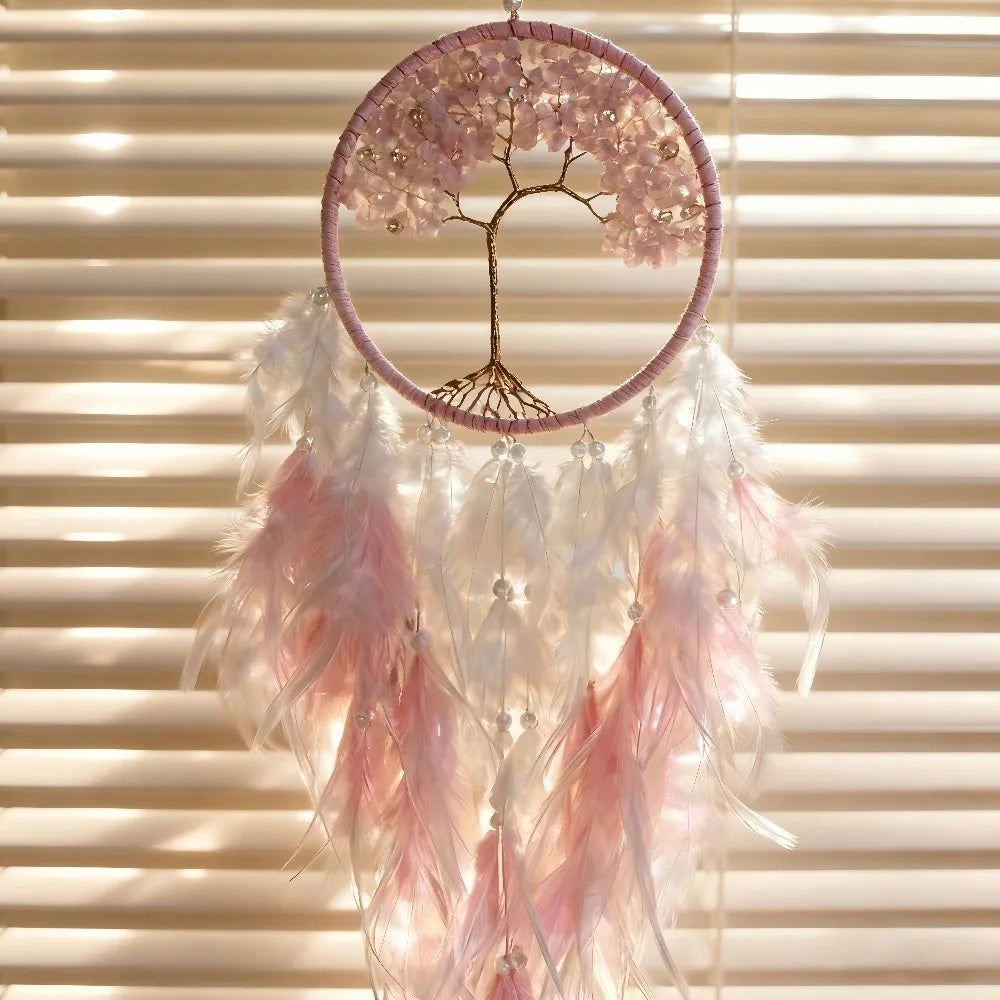 1 Pc Crystal Tree of Life Dreamcatcher, Purple Amethyst & Blue White Feather Wall Hanging, Bohemian Home Decoration for Wedding