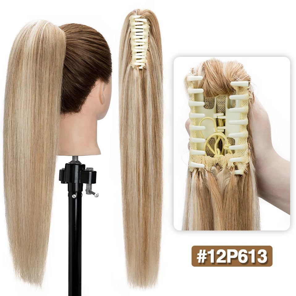 S-noilite straight human hair ponytail extension with claw clip in black, blonde, and brown tones