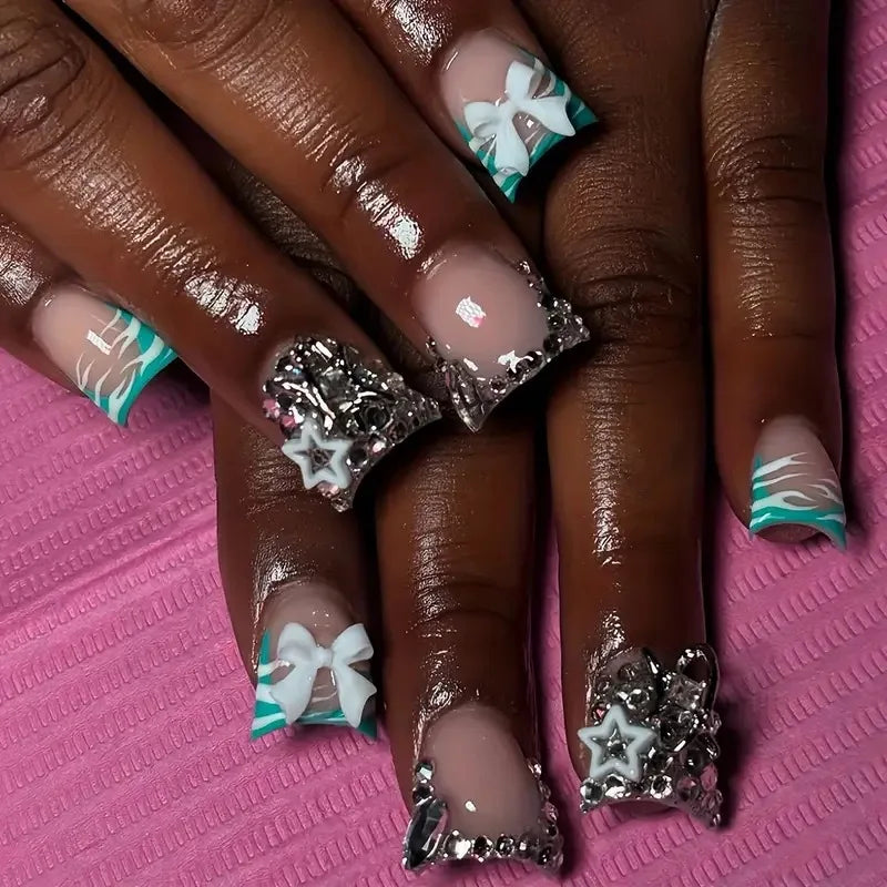 24pcs nude pink short duckbill false nails with leopard print French tips, 3D bowknots, butterflies and cherries