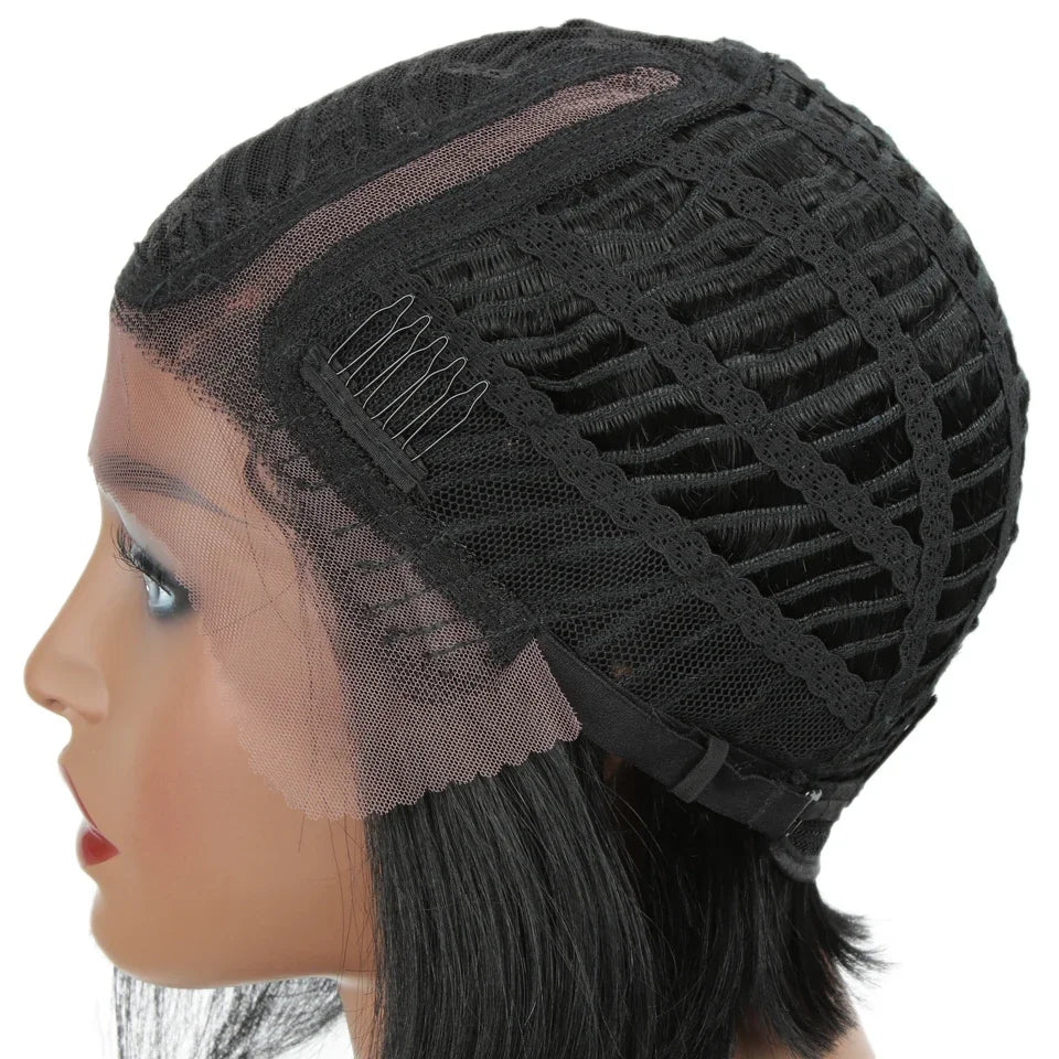 Straight Brazilian lace front human hair bob wig with parting, short length, natural black color, styled for a sleek look.
