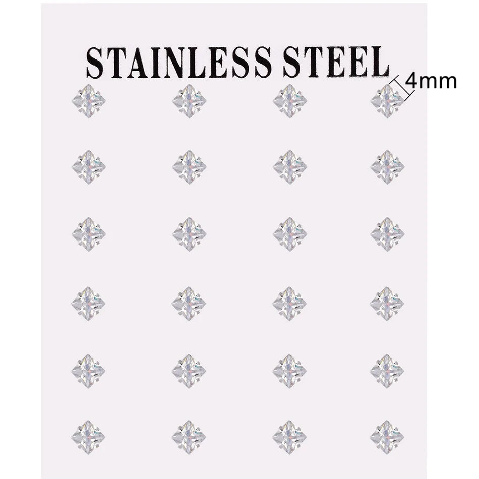 12 pairs white crystal stud earrings set, 2–7mm round and square zircons with golden stainless steel settings