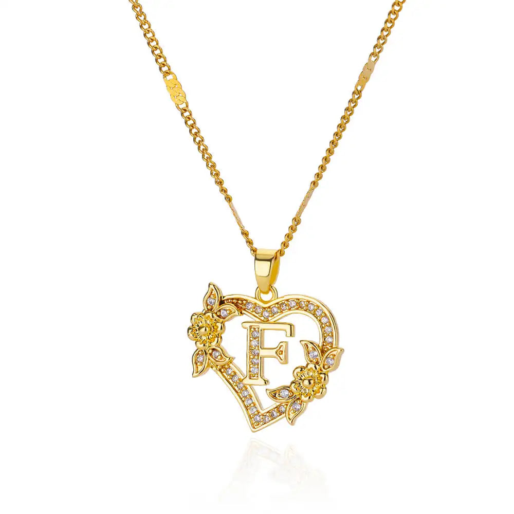 Gold heart initial letter necklace for women featuring stainless steel chain with alphabet pendant, birthday jewelry gift.