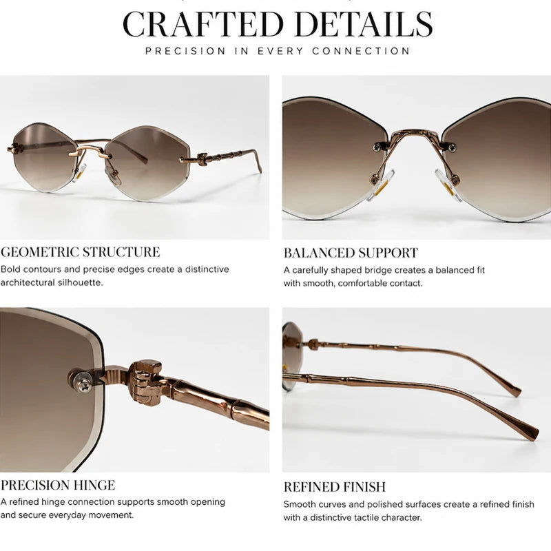 Rimless polygon sunglasses for women with gradient lenses, metal and bamboo temples, luxury designer vintage style.