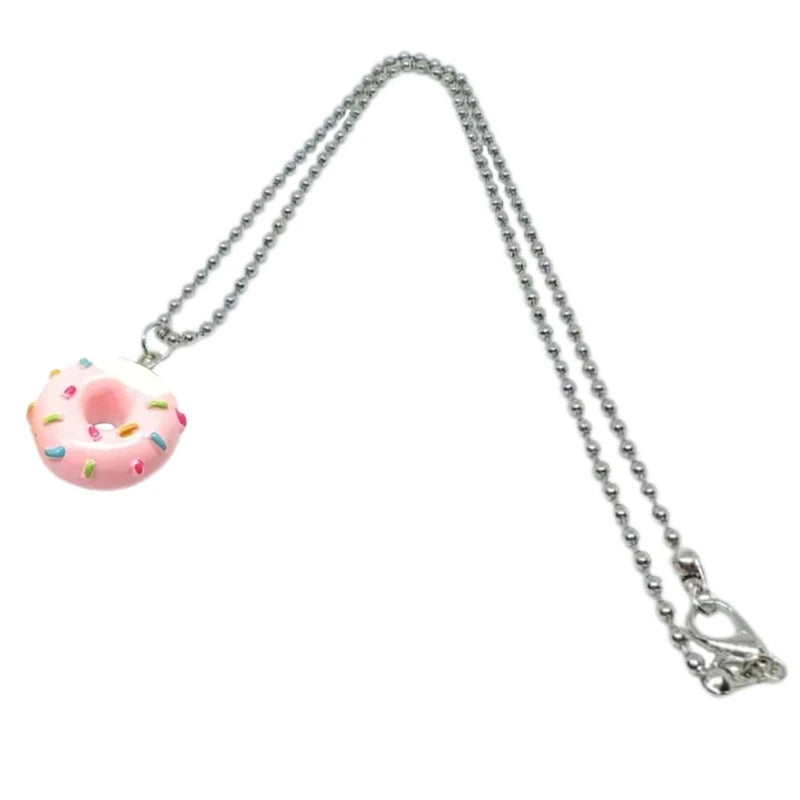 Acrylic mini donuts pendant necklace featuring colorful donut charms on a silver chain, trendy fashion jewelry.