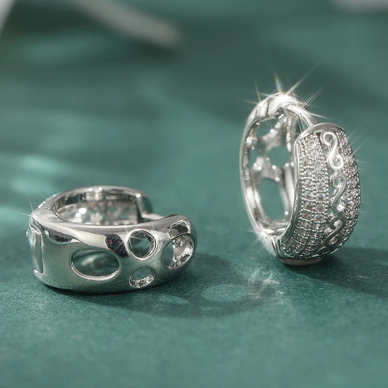 Hand carved hollowed zirconia hoop earrings for women by HSF Marketplace