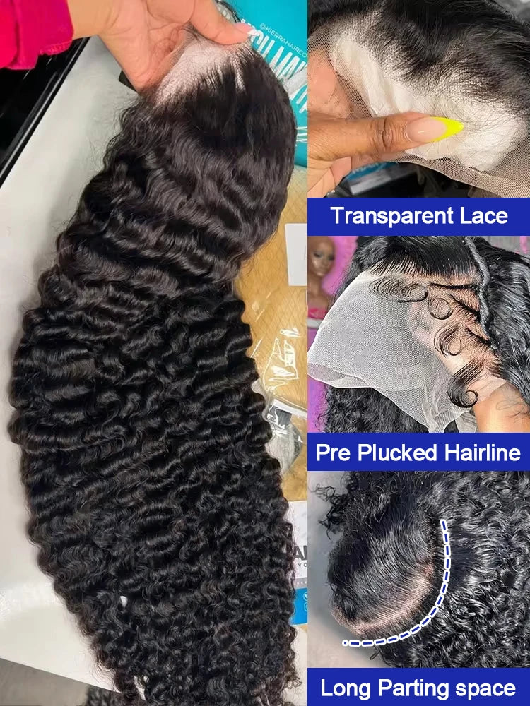 40 Inch 13x6 Deep Wave Hd Lace Front Wigs Human Hair 250 Density Water Wave 13x4 HD Lace Frontal Wigs Pre Plucked With Baby Hair Brazilian Virgin Bouncy Jerry Curly Human Hair Wigs Wet And Wavy Glueless Wigs Human Hair For Wo