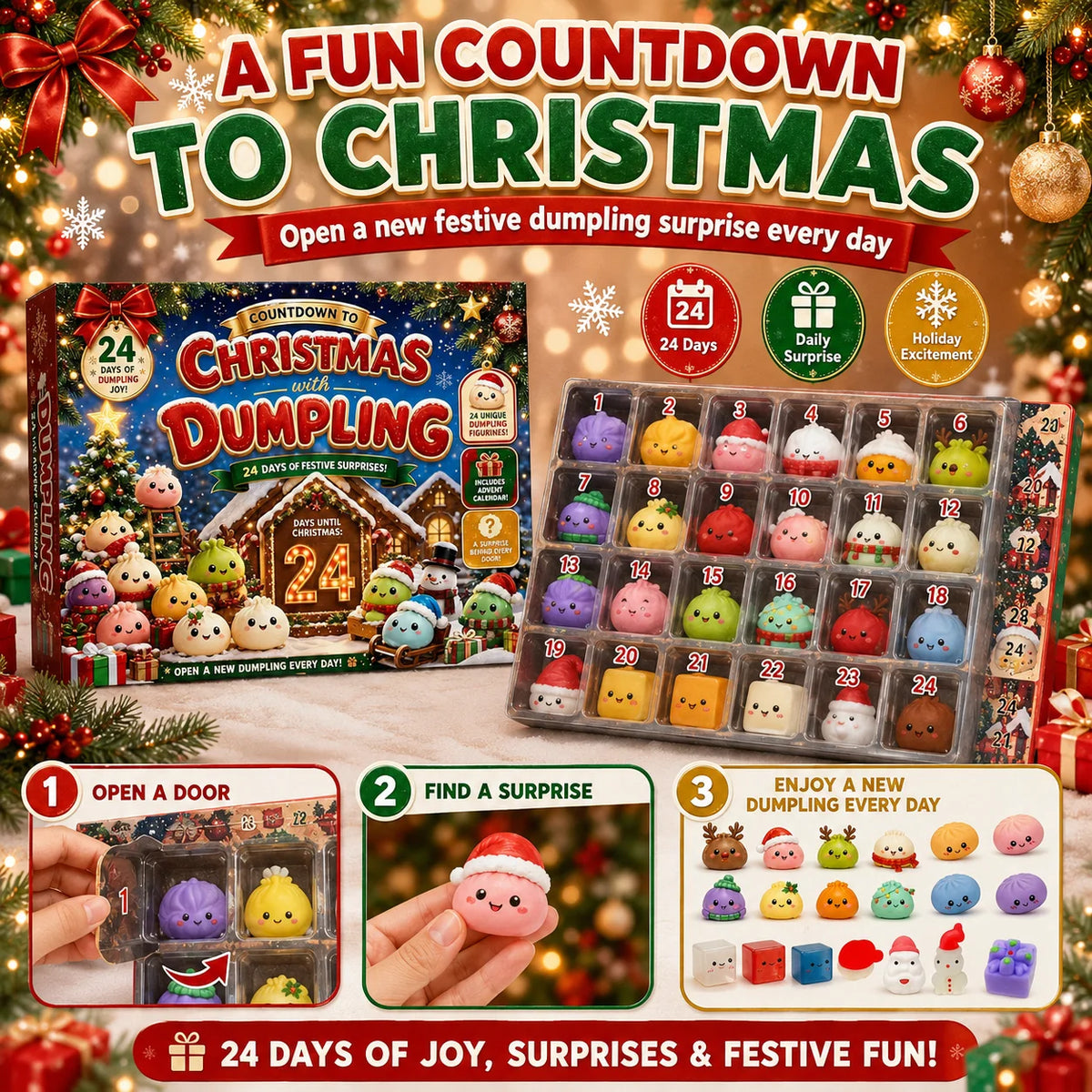 Christmas dumpling squishy advent calendar 2026 with 24-day countdown mystery box and sensory fidget toys