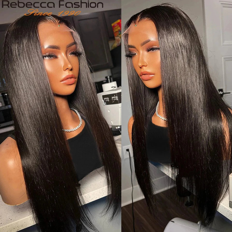 Rebecca bone straight 13x6 lace front human hair wig with transparent lace, natural part, and sleek Remy hair