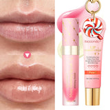 HSF Marketplace lip gloss set with peach fragrance, moisturizing and plumping lip glosses, includes keychain, perfect for gift.