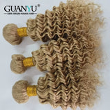 Honey blonde deep wave human hair bundles with lace closure, 100% Remy human hair, from HSF Marketplace, featuring ombre color and textured waves.