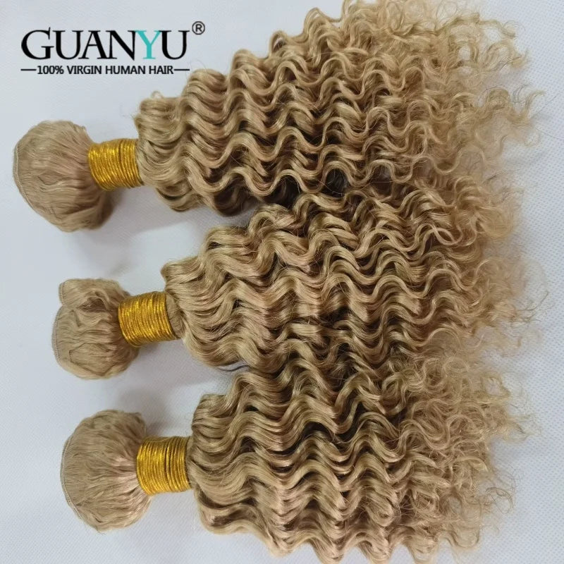 Honey blonde deep wave human hair bundles with lace closure, 100% Remy human hair, from HSF Marketplace, featuring ombre color and textured waves.