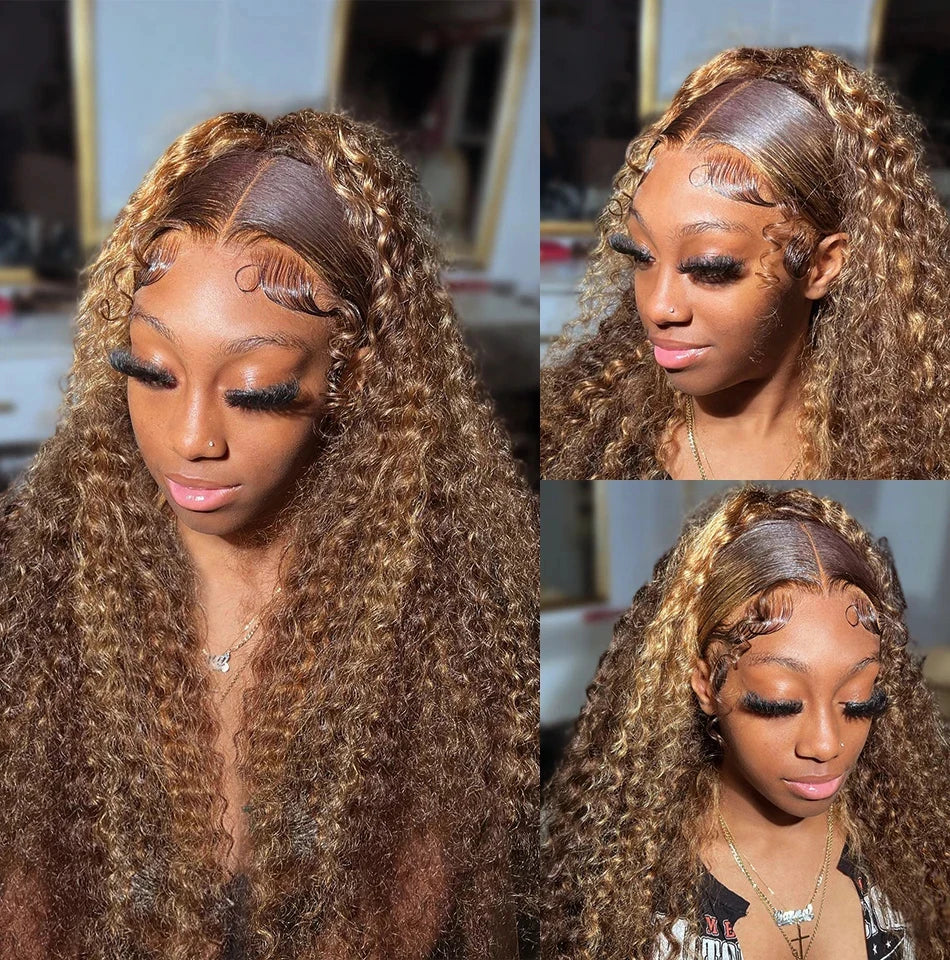 36 Inch P4/27 Honey Blonde Highlight Deep Wave Lace Frontal Wig 200 Density 13x4 13x6 HD Transparent Lace Brazilian Colored Human Hair Pre Plucked Natural Hairline For Women