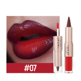 Black and brown tapered lip liner and double-headed mirror with plumping lip gloss, red lipstick, and crystal lip gloss for makeup.
