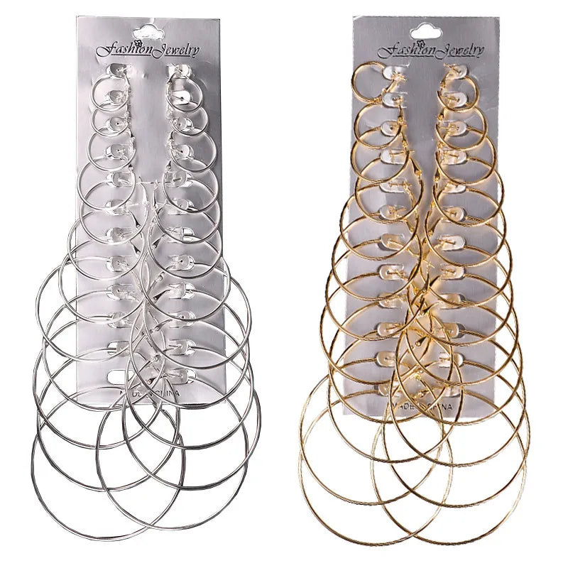 Set of 12 pairs of large circle punk hoop earrings for women and girls, stylish oversized jewelry from HSF Marketplace.