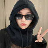 Women's HSF knitted hooded balaclava hat with drawstring, one-piece neck collar, and warm winter beanie design