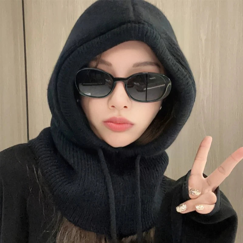 Women's HSF knitted hooded balaclava hat with drawstring, one-piece neck collar, and warm winter beanie design