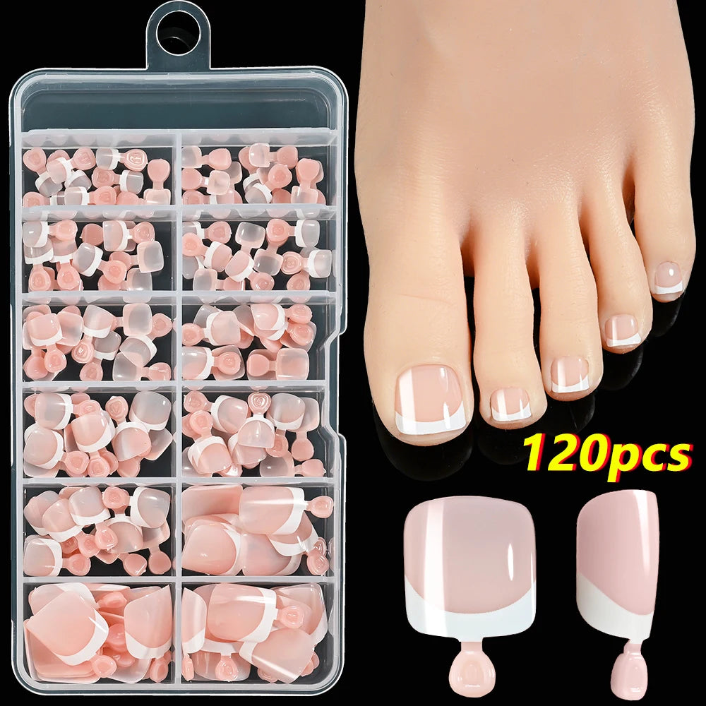 120-piece pink French tip press-on toenail set by HSF Marketplace, short square glossy false toe nails