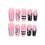 24pcs Sweet Punk long coffin press-on nails with pink black French polka dot and striped design by HSF Marketplace