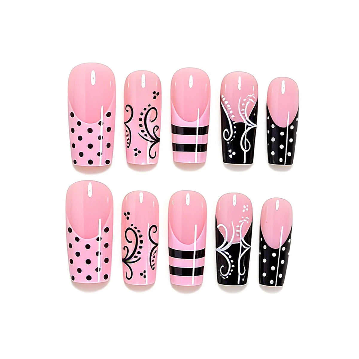 24pcs Sweet Punk long coffin press-on nails with pink black French polka dot and striped design by HSF Marketplace