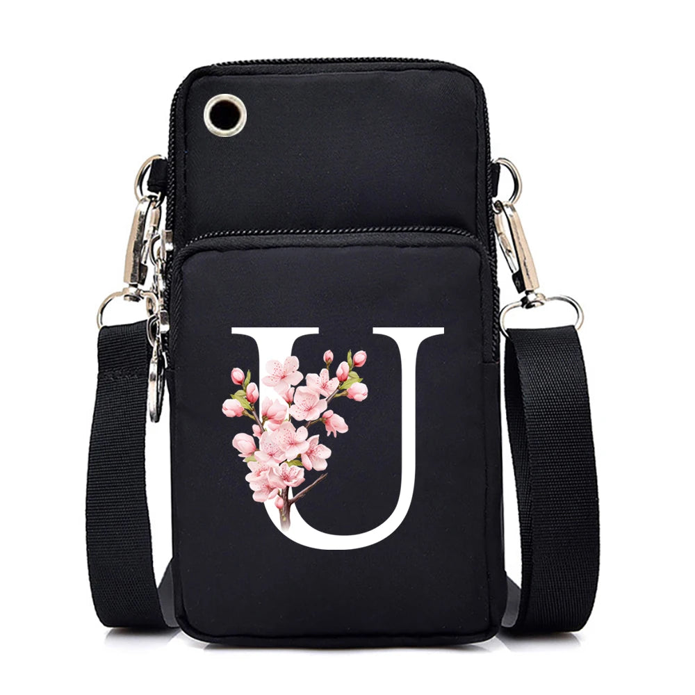 HSF Marketplace Sakura alphabet floral crossbody bag for women, small messenger purse with floral letters and mobile phone compartment