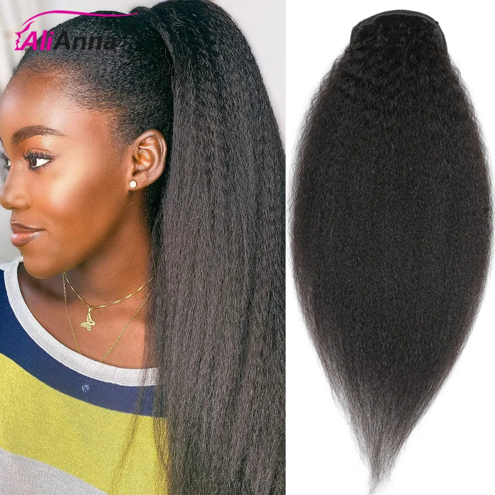HSF Marketplace kinky straight human hair drawstring ponytail extension with clip-in curly body wave texture