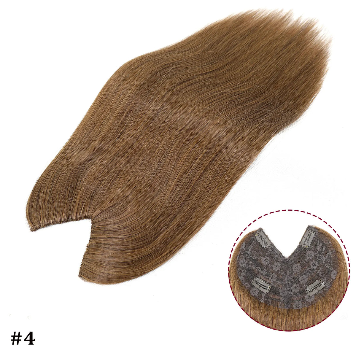 V-shape clip-in human hair extensions, straight brown-blonde highlight topper, 16-inch Brazilian Remy hair