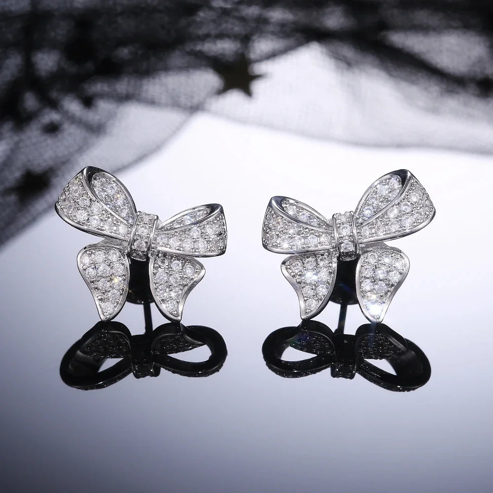 Romantic bowknot women’s stud earrings with full-paved shiny crystal zircon detailing by HSF Marketplace