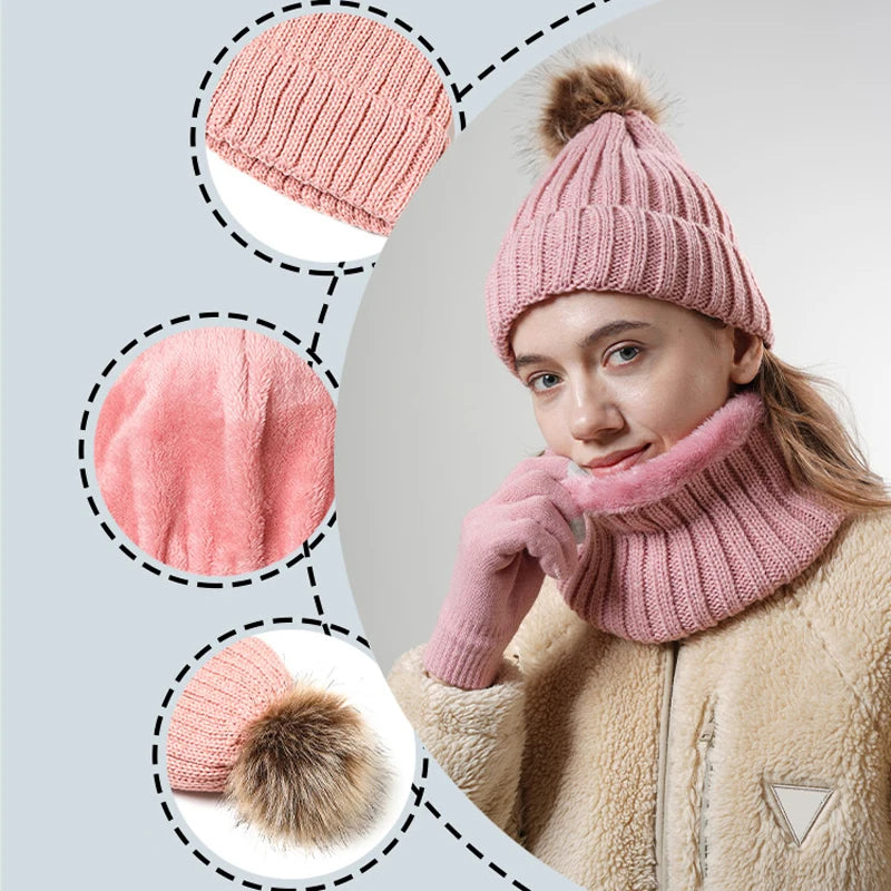 Women’s knitted winter hat, scarf, and gloves set in warm fabric for outdoor wear