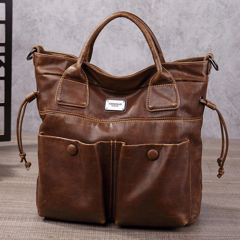 Vintage faux leather tote bag by HSF Marketplace with brown and navy options, stylish handbags for women and men.
